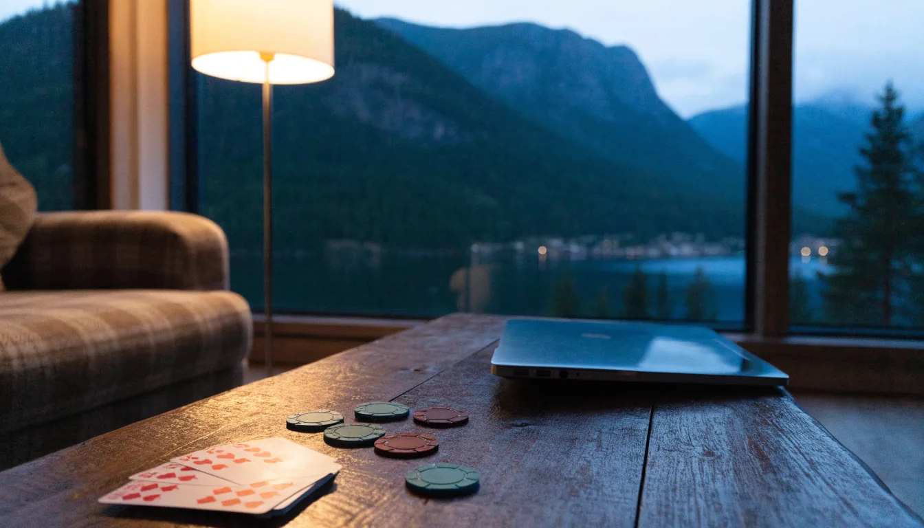 Koselig norsk stue med laptop, pokerjetonger og kort på bordet, fjord i bakgrunnen