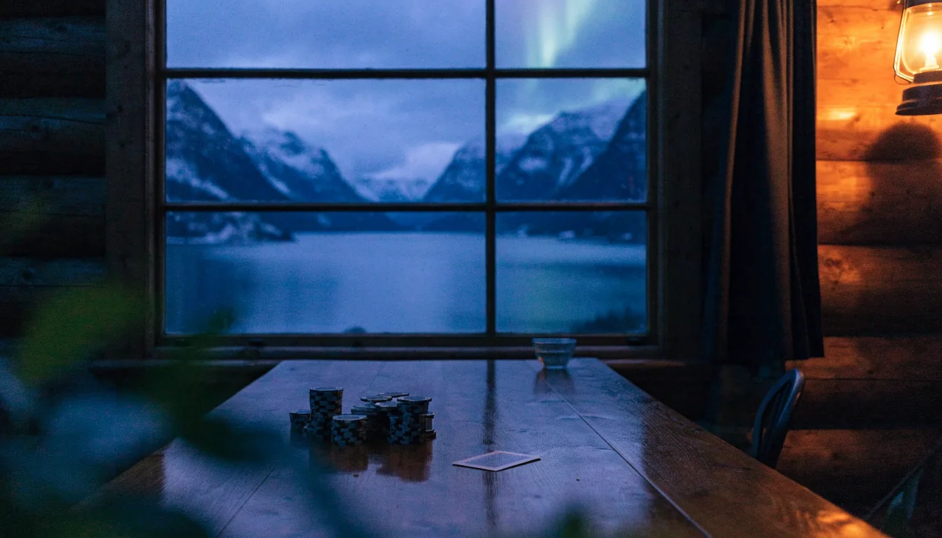 Norsk tømmerhytte, casinobrikker på bordet og fjordutsikt i skumringen