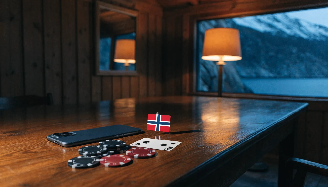 Smartphone med jetonger og kort på trebord i norsk hytte