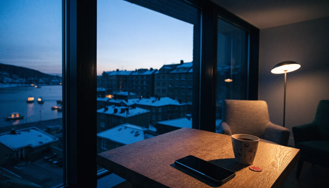 Norsk stue i skumring med utsikt over havn, telefon vendt ned og en casinobrikke på bordet.
