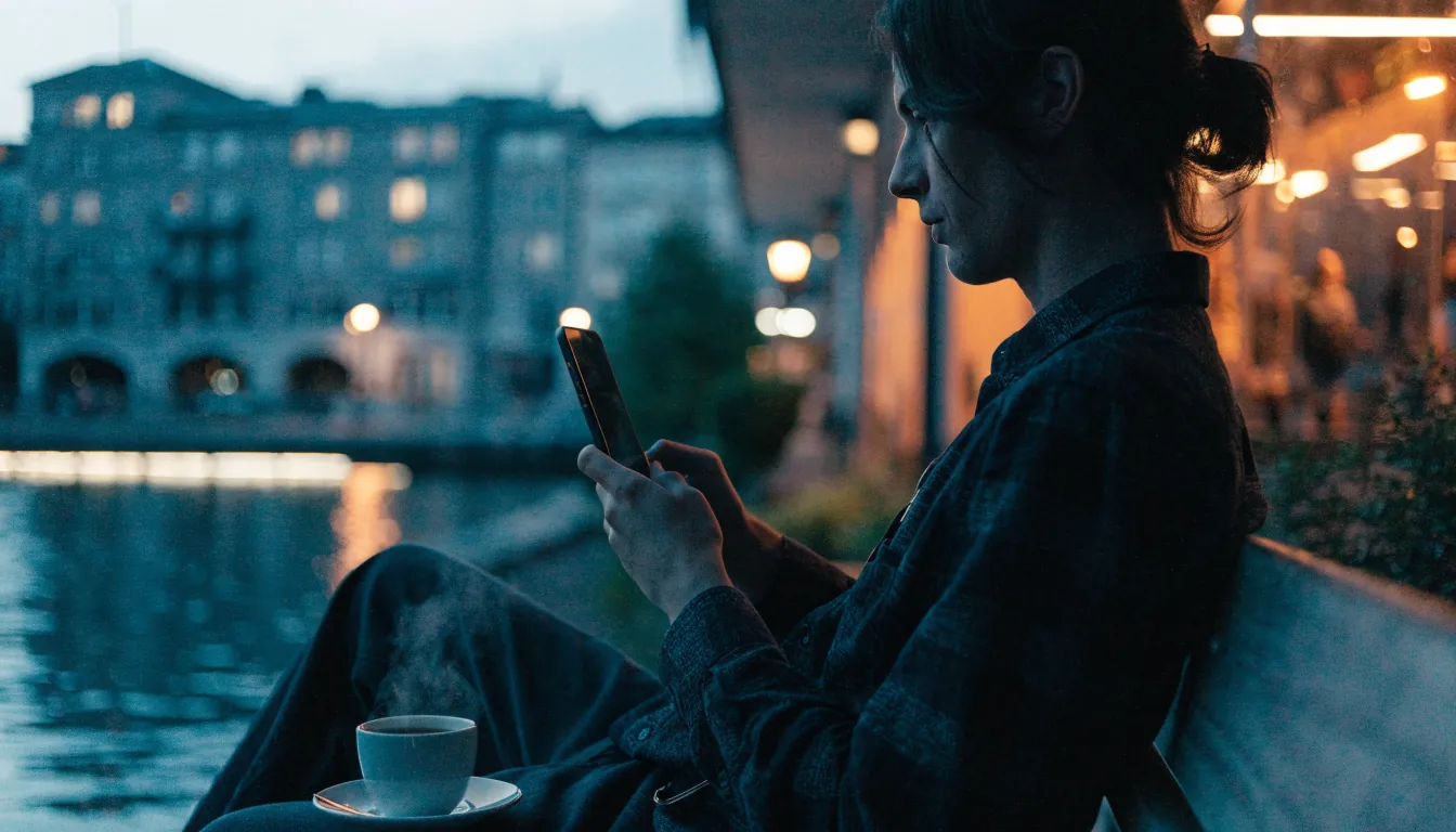 Person med telefon på en benk i Oslo ved skumringstid
