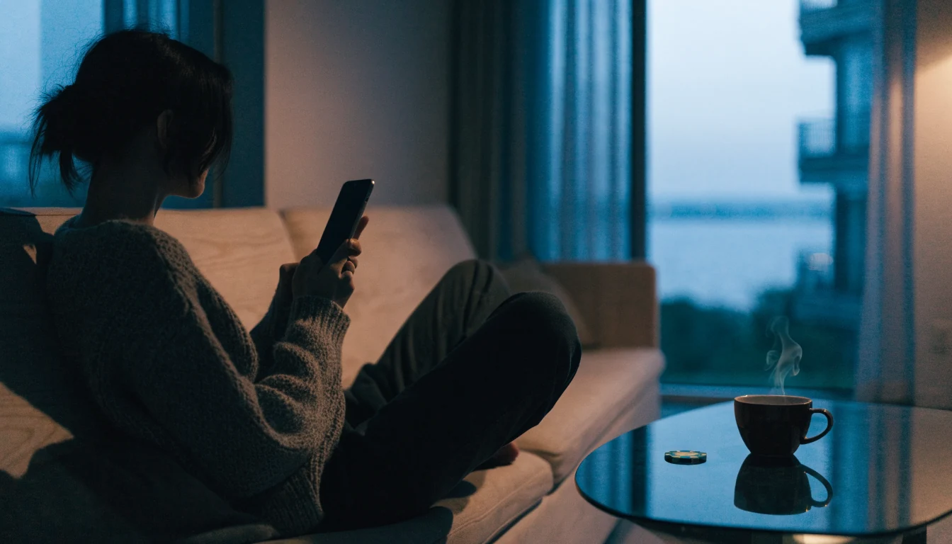 Person i en moderne Oslo-leilighet med telefon og roulettebrikke på bordet
