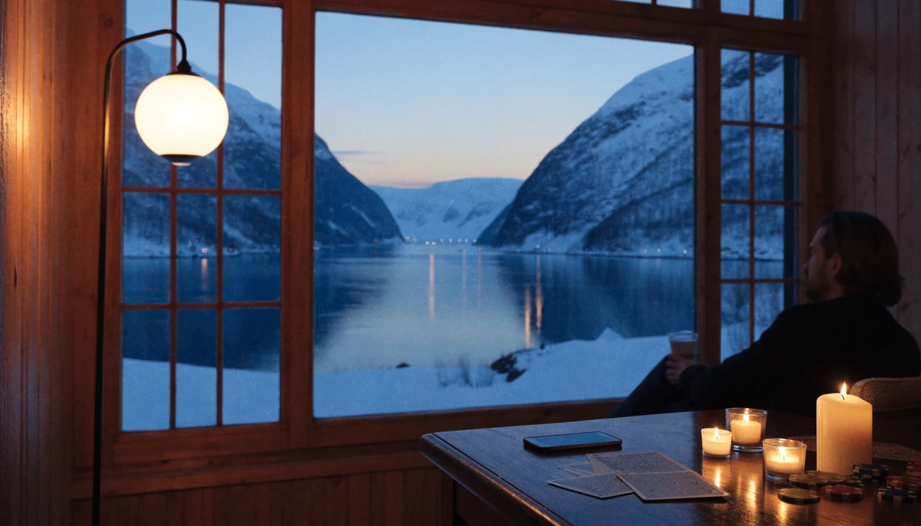 Koselig norsk stue med telefon, casinobrikker og kort på bordet ved vinduet mot en snødekt fjord