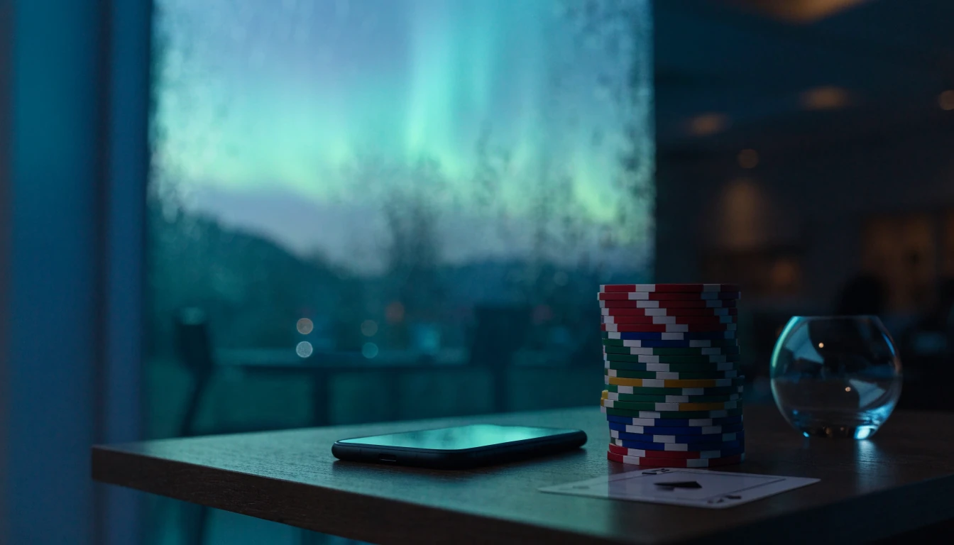 Moderne nordisk bord med telefon og pokerjetonger som symbol på nye nettcasinoer