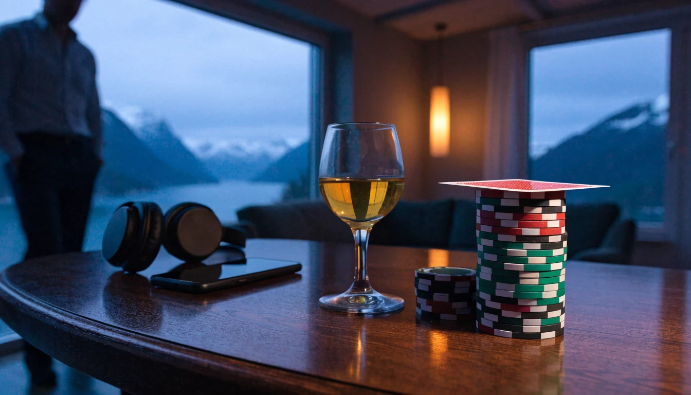 Moderne norsk stue med fjordutsikt, casinobrikker og fjernsynshjørne