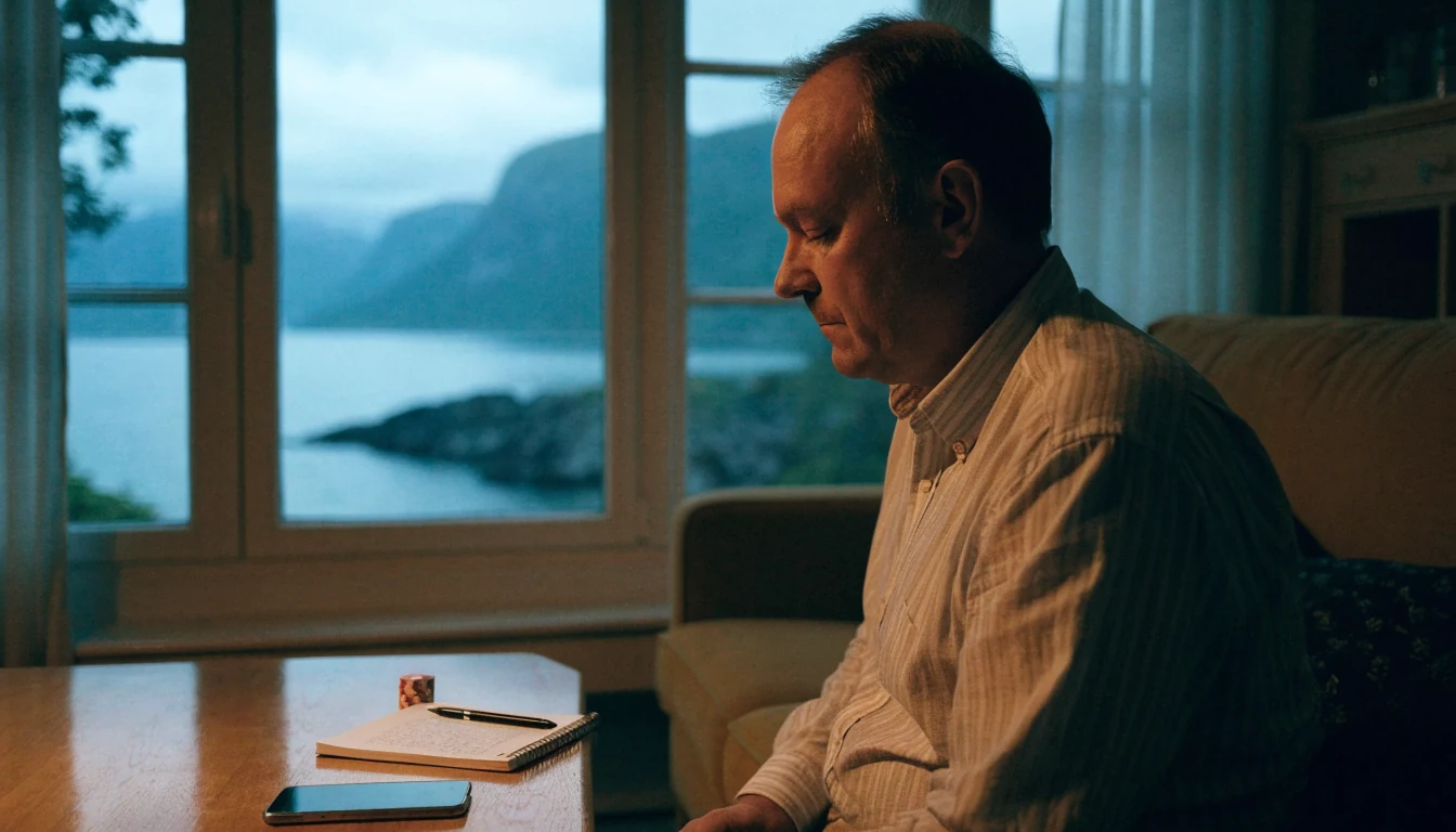 Mann ved sofabord velger bevisst å legge fra seg telefonen for å ta kontroll over spillevanen sin.