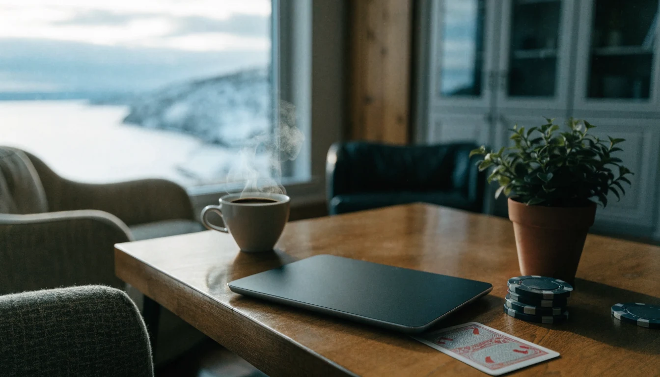 Koselig norsk stue med nettbrett, kaffekopp og casinobrikker ved vinterfjord