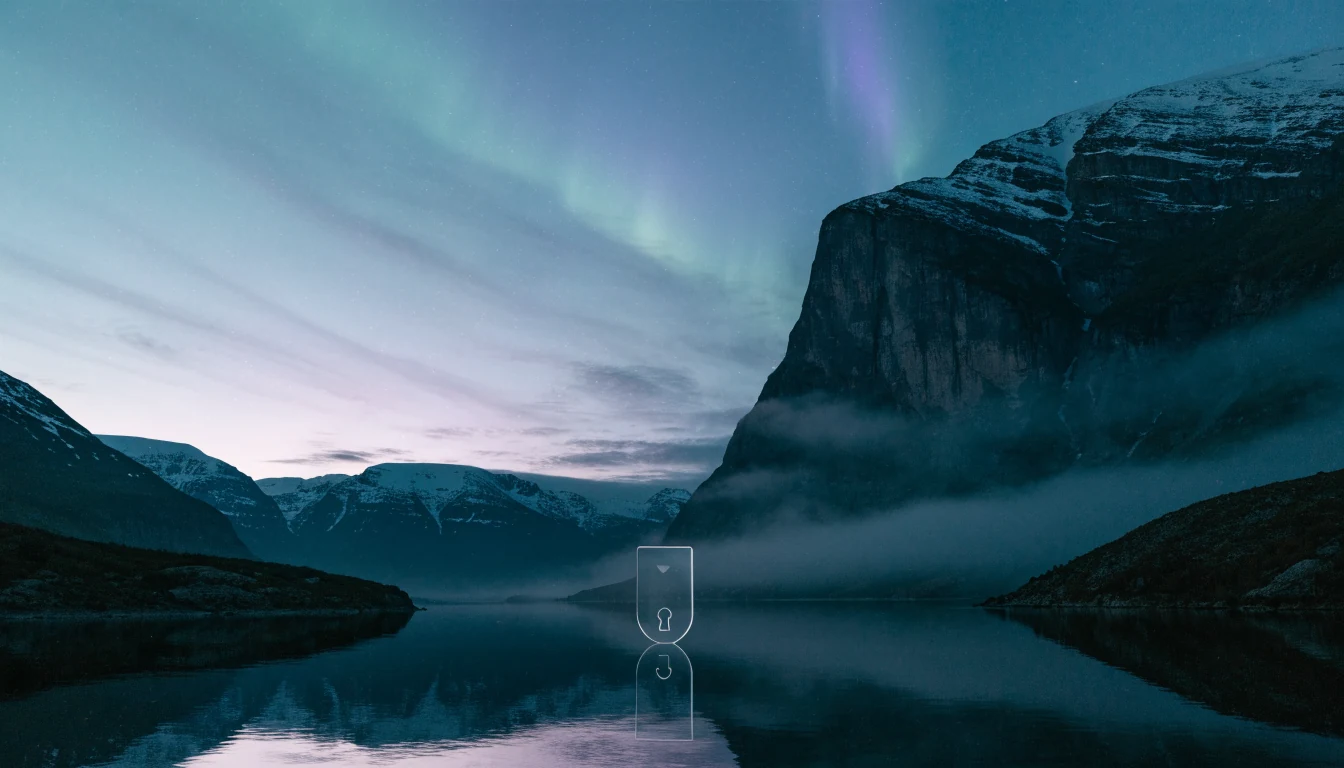 Norsk fjord ved skumring med nordlys og et glasskjold som symboliserer personvern.