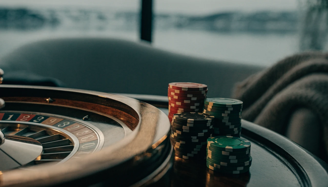 Et roulettehjul og fargede casinobrikker på et mørkt trebord i varm atmosfærisk belysning