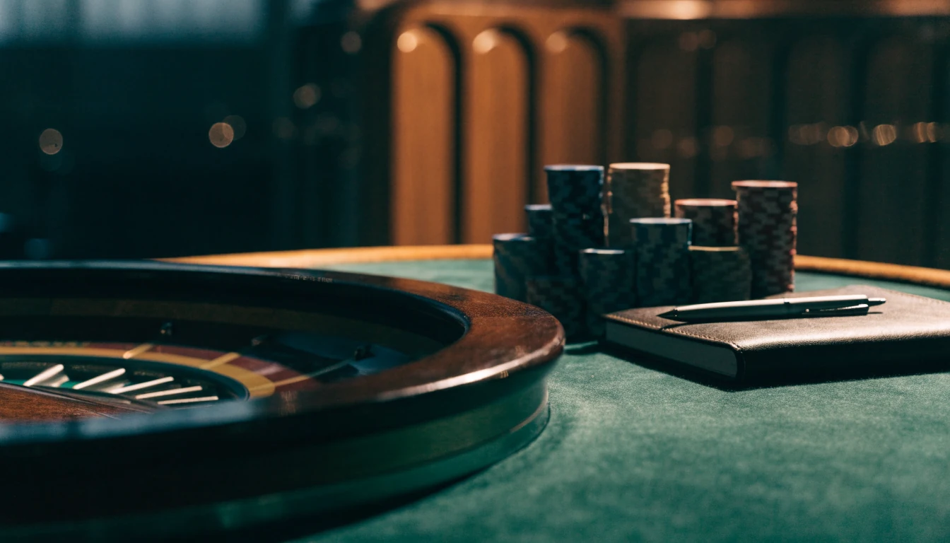 Roulettehjul og jetonger på et elegant casinobord i dempet belysning