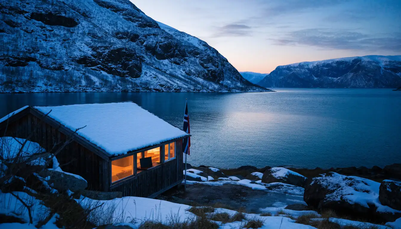 Norsk fjord ved skumring med lys i stuevinduet
