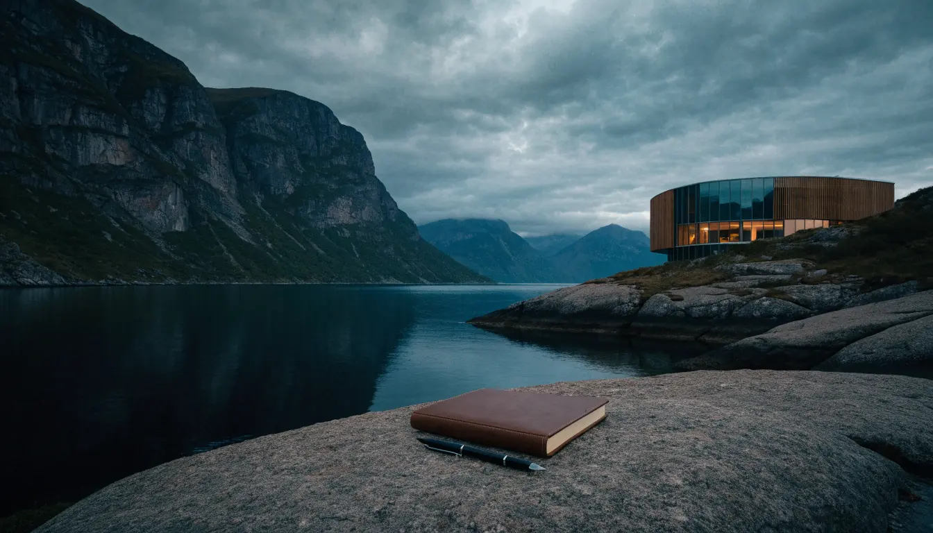 Moderne bygg ved norsk fjord med skrivebok i forgrunnen