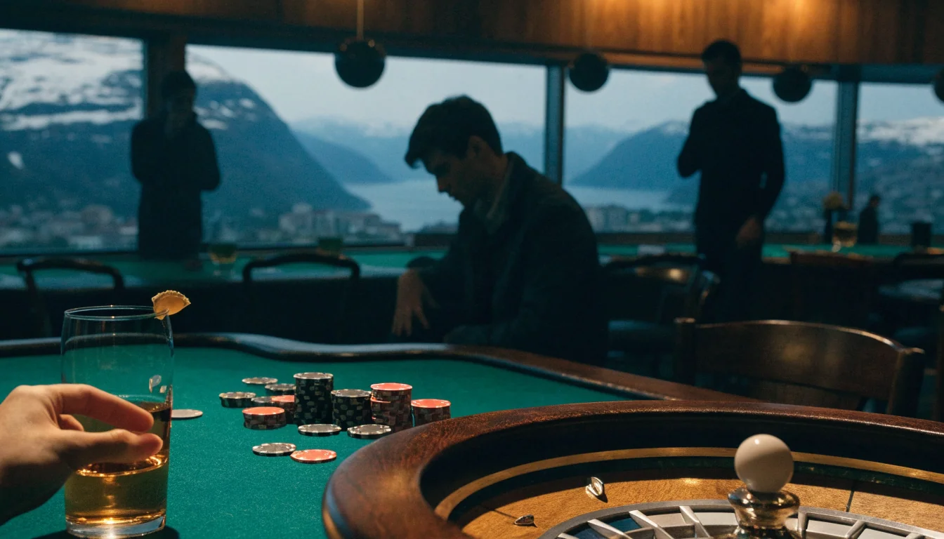 Eksklusiv casinostue med rulett, jetonger og whisky, norsk fjord i bakgrunnen