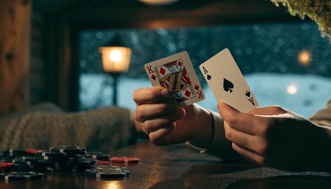 Hender som holder kort og casinokjetonger i en koselig norsk hytte.