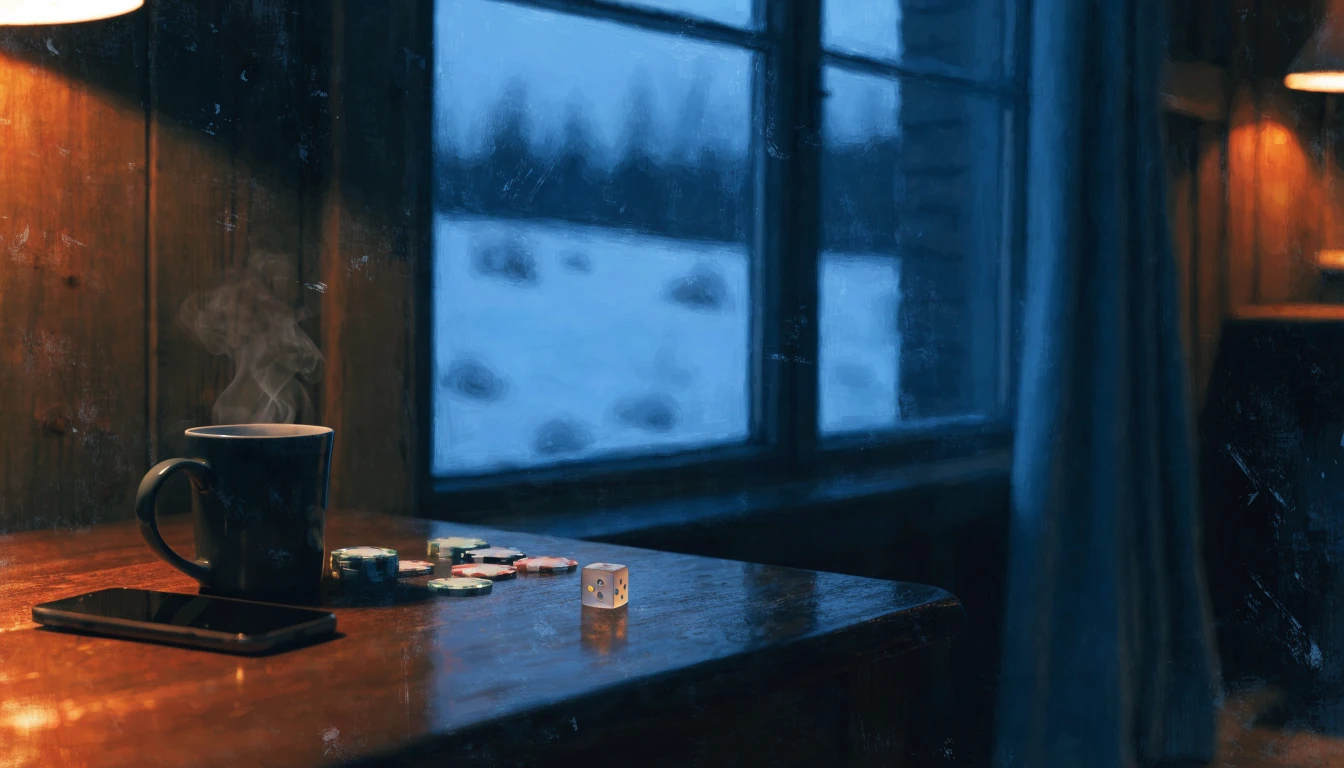 Hyggelig norsk hytte med spillebrikker og kaffekopp på bordet