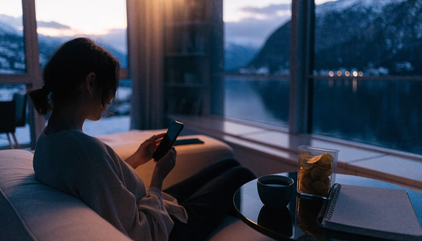 Person med telefon i moderne norsk stue ved skumring med fjellutsikt