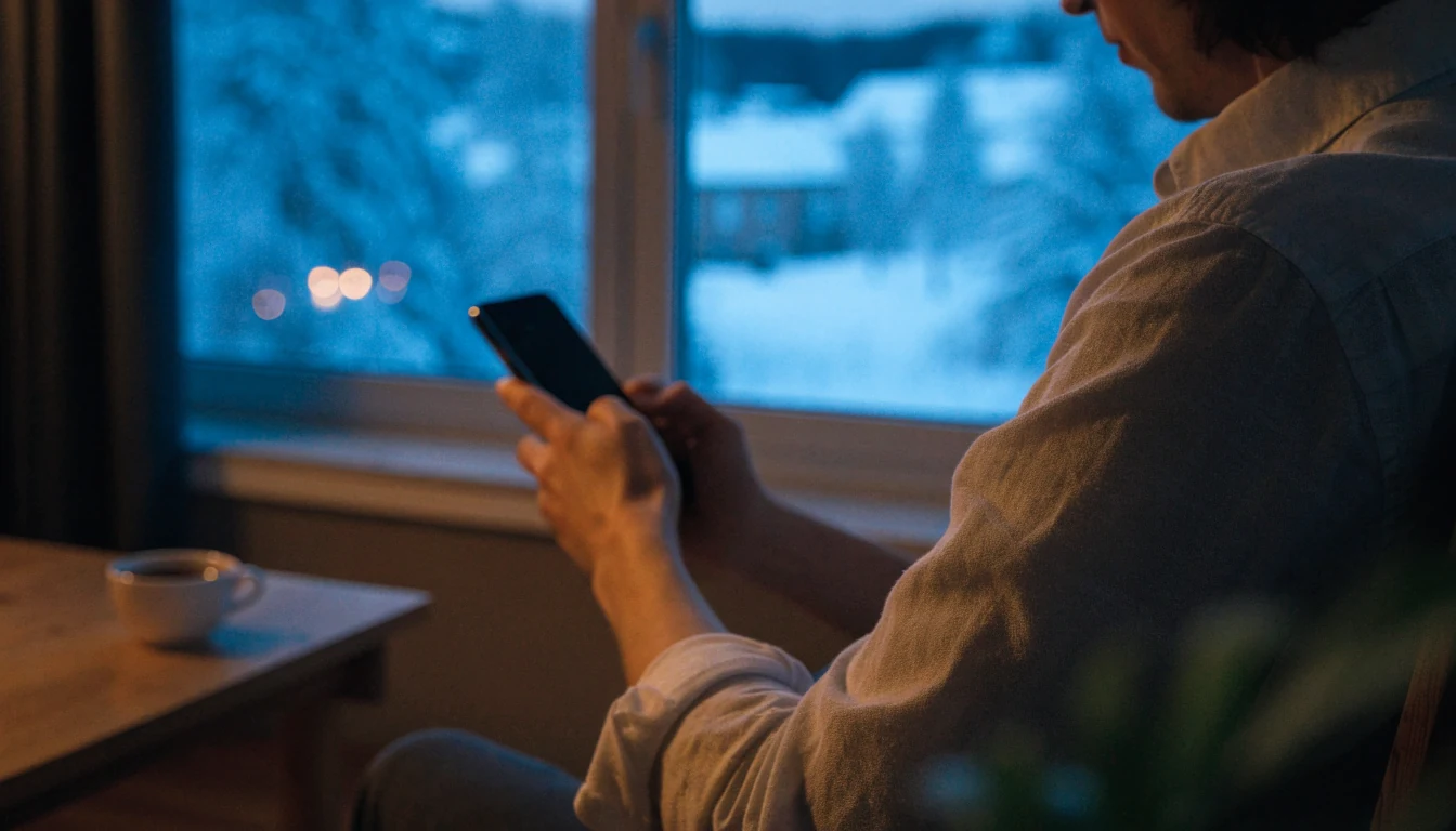 Person som holder en mobiltelefon i et koselig hjem med vinterlandskap utenfor vinduet