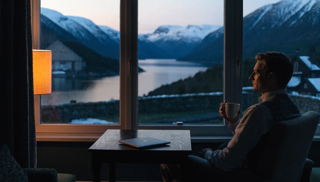 Mann i koselig stue ved norsk fjord ved skumring